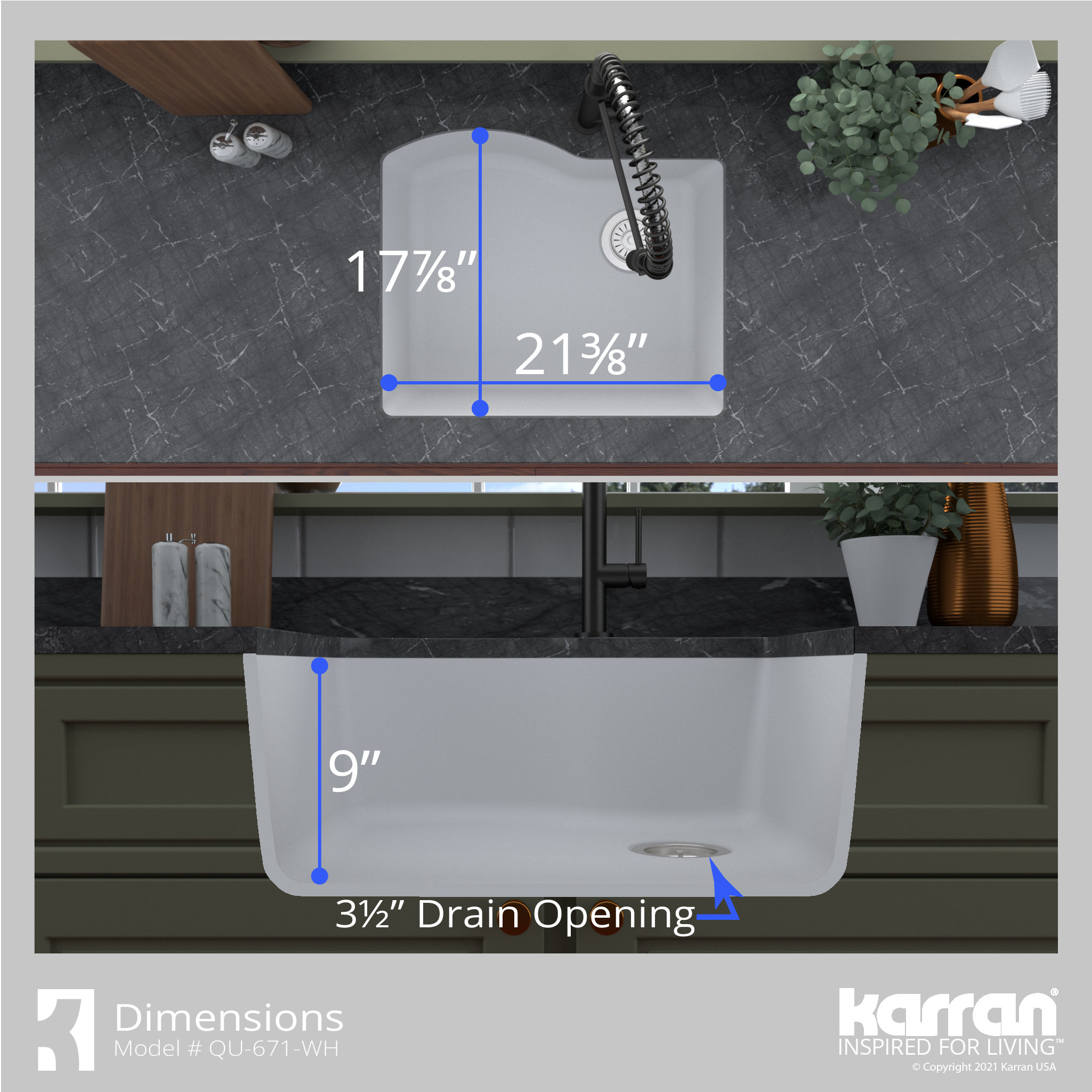 Karran Undermount Quartz Composite 24" Single Bowl Kitchen Sink, White