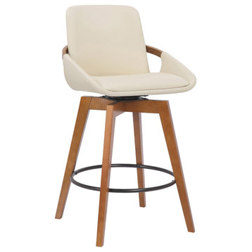 Baylor Swivel Wood Stool, Faux Leather, Cream/Walnut, 26" Counter Height