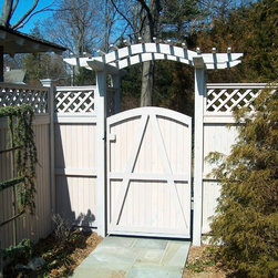 Stained Gray Pergola with Diagonal lattice sides, arched Fairfield style gate - Home Fencing And Gates