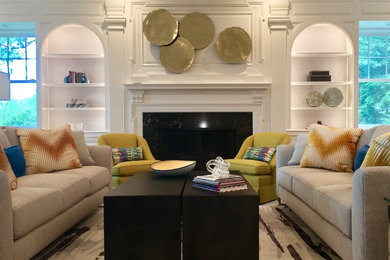 Example of a large trendy formal and open concept living room design in New York with white walls, a standard fireplace, a wood fireplace surround and no tv