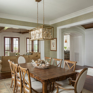 チャールストンのビーチスタイルのLDKの画像 (緑の壁、濃色無垢フローリング、暖炉なし、茶色い床)