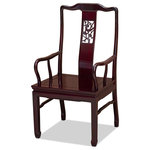 China Furniture and Arts - Rosewood Flower and Bird Motif Arm Chair, Flower and Bird - Made of solid rosewood, the center panel and the sides form a unity of graceful lines on this open-back armchair. Curved to fit human anatomy, this one panel back amazingly supports your back and waist as comfortably as any other design. Constructed with traditional joinery technique. Unique horseshoe design of the leg. A delicately carved flower and birds motif takes the center of the back with eye-catching effect. Hand-applied dark cherry wood stain enhances the beauty of rosewood. Silk seat cushion sold separately.