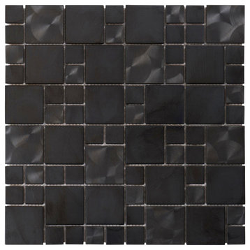 Black Industrial Stainless Steel Metallic Square Mosaic Tile, 12"x12", Single Sh