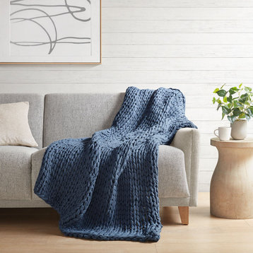 Madison Park Chunky Double Knit Handmade Throw Blanket, Blush, Navy Blue