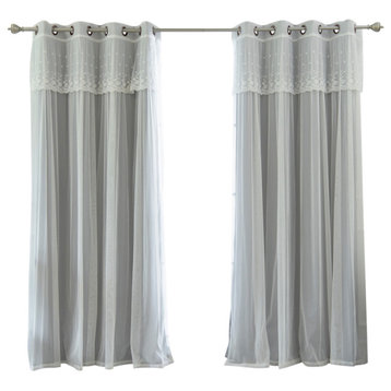 Tulle Sheer with Attached Valance & Solid Blackout Mix & Match, Grey, 52"x96"