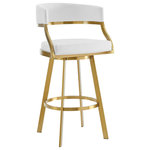 Armen Living - Saturn Gold Brushed Swivel Counter Stool, White, 26" - Bring sophisticated elegance and comfort to any corner of your space with the Saturn Swivel Counter or Bar Height Stool in Faux Leather and Stainless Steel by Armen Living. Refined design details and a mix of high-quality materials lend luxurious charm to our barstool. The beautifully stylized armrest and curved back offer a polished and sophisticated look. The generously padded, barrel back flows into the beautifully stylized armrests for maximum comfort and a sophisticated silhouette. Perched upon tapered stainless steel legs, the Saturn barstool effortlessly combines comfort and aesthetics. It adds a dose of style and practicality to your kitchen island, pub table, eat-in kitchen, home bar, or adjustable desk in a home office. This stool includes a built-in circular footstool for an added layer of comfort, along with the high-density foam cushions and supple faux leather. Each leg is tipped with floor protectors, ensuring that the bar stool will not slip on or scratch hardwood or tile floors, making this a durable bar stool that will last for many years to come.  Its smooth 360-degree swivel function offers maximum mobility and will become your favorite spot to sit and enjoy conversations with friends and family. The Saturn Swivel Counter and Bar Height Stool is available in a Gold Brushed Stainless finish with Light Sand, White, or Black faux leather, or Brushed Stainless Steel finish in Gray or Black faux leather to bring lasting elegance to your home.