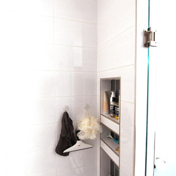 Master Bathroom with Dark Stained Vanity and Walk in Shower