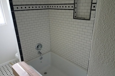 Mid-sized transitional master white tile and subway tile white floor bathroom photo in Seattle with gray walls