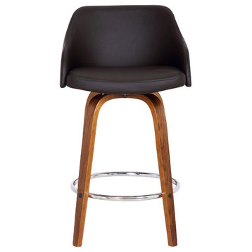 Hutton 26" Swivel Counter Stool, Walnut Wood Finish and Brown Faux Leather