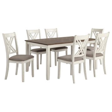 7-Piece Dining Set, Dry Brushed Weathered Wood Surface, Gray Upholstery