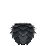 UMAGE - Aluvia Plug-In Pendant, Anthracite/Black, Mini - Modern. Elegant. Striking. The VITA Aluvia is an artistic assemblage of 60 precision-cut aluminum leaves, overlapping each other on a durable polycarbonate frame. These metal leaves surround the light source, emitting glare-free, ambient light.  The underside of each leaf is painted white for increased light reflection, and the exterior is finished in one of two different colors: subtle Pearl or dramatic Anthracite. Available in two sizes, the Medium (18.9"H x 23.3"W) can be used as a pendant or hanging wall lamp, while the Mini (11.8"H x 15.7"W) is available as a pendant, table lamp, floor lamp or hanging wall lamp. Hang it over the dining table, position it in a corner, or use as a statement piece anywhere; the Aluvia makes an artistic impact in any room.