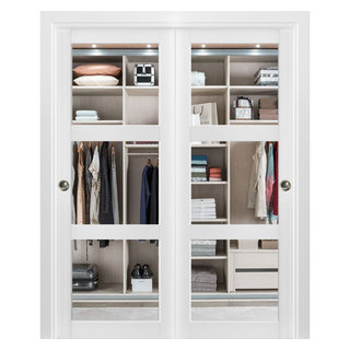 Sliding Closet Bypass Doors 72 x 80 with Hardware | Quadro 4113 White Silk  with Frosted Opaque Glass | Sturdy Top Mount Rails Moldings Trims Set 