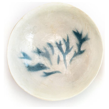 3.5" Round Capiz Bowl, Coral Design, Blue and Natural, Set of 2