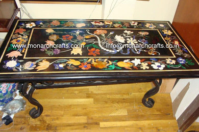 Marble Inlay Table Top, Black Marble Coffee Table With Inlaid Gemstones