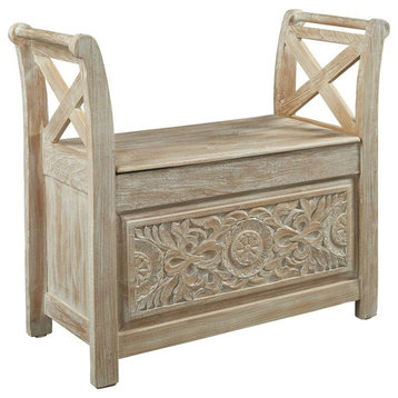 Accent Storage Bench, Unique Design With Carved Floral Pattern, White Washed
