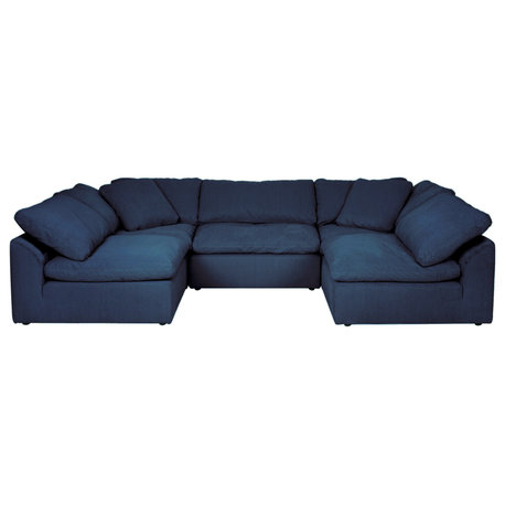 5-Piece Slip-Covered U-Shaped Sectional Sofa, Navy Blue