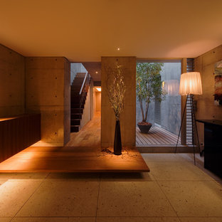 Неиссякаемый источник вдохновения для домашнего уюта: вестибюль в современном стиле с серыми стенами и полом из травертина