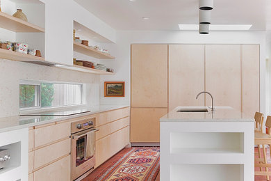 Eat-in kitchen - mid-sized contemporary l-shaped ceramic tile and red floor eat-in kitchen idea in Other with an undermount sink, recessed-panel cabinets, light wood cabinets, quartzite countertops, red backsplash, quartz backsplash, paneled appliances, an island and red countertops