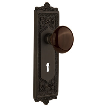 Egg & Dart Plate Privacy Brown Porcelain Knob, Oil Rubbed Bronze