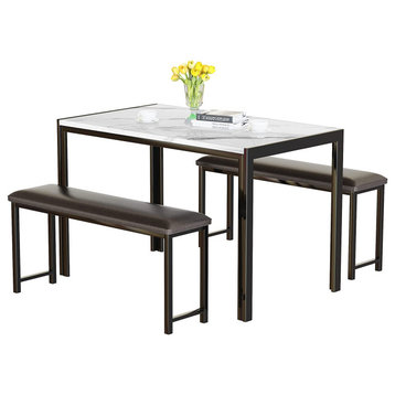 3 Pieces Dining Set, Elegant Faux Marble Table & PU Leather Upholstered Benches