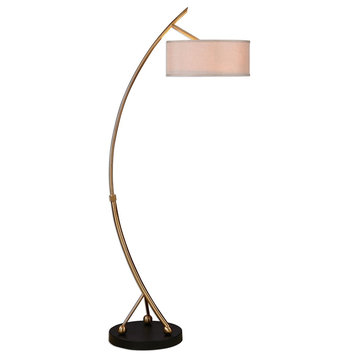 Brass Gold Arc Curved Table Lamp, Minimalist Drum Shade