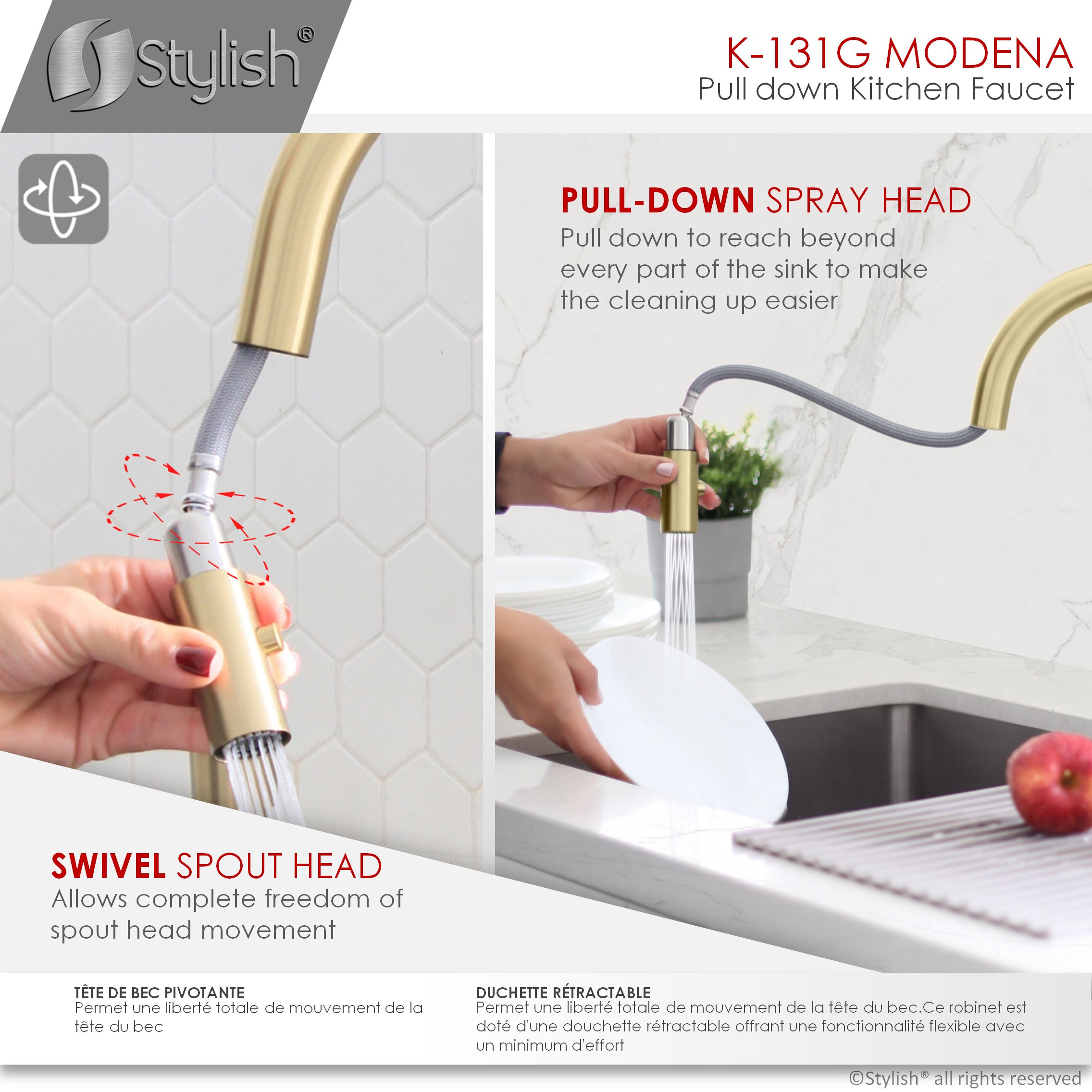 STYLISH Modern Single Handle  Pull down Sprayer  Kitchen Faucet in Gold Finish