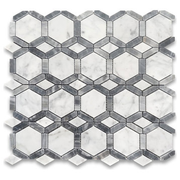 Carrara White Bardiglio Gray Marble Hollywood Hexagon Mosaic Tile, 1 sheet