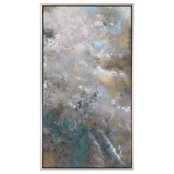 Modern Art Abstract Thunderstorm Painting, Gray Blue Gold White Silver Frame