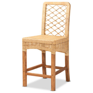 Natural Brown Rattan and Walnut Brown Finished Wood Counter Stool