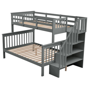 Twin Over Full Bunk Bed With Storage and Guard Rail, Gray