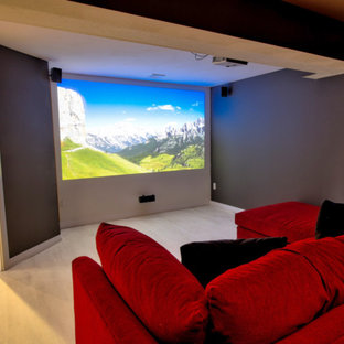 Inspiration for a contemporary home cinema in San Diego with grey walls, vinyl flooring and white floors.