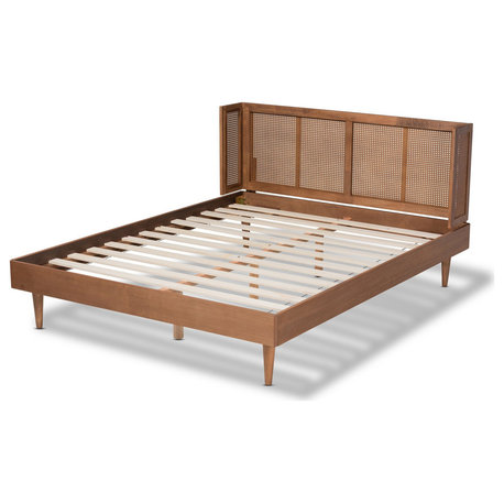 Retro Platform Bed with Wrap-Around Rattan Headboard in Ash Walnut Finish, King