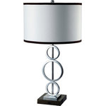 Ore International - 3 Ring Metal Table Lamp, White With  Convenient Outlet - Modern style lamp in silver color finish, and a white with black trim rounded shade.