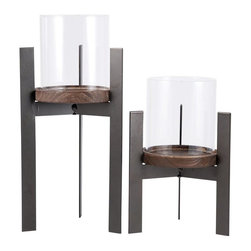 Stratton 11 in. and 8 in. Rustic Iron, Natural Wood and Clear glass Candle Holde - Candleholders