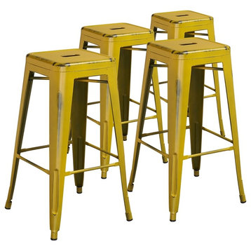 30" Backless Distressed Metal Indoor Barstool, Yellow, Set of 4