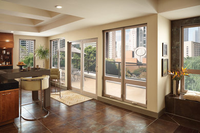 Home bar - transitional porcelain tile and brown floor home bar idea in Other with quartz countertops