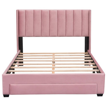 Contemporary Platform Bed, Channel Velvet Headboard & Large Drawer, Pink/Full