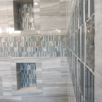 Curbless Custom Tile shower, Vanity Backsplash, Tile Base Trim, Tile Floor, etc