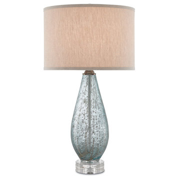 Optimist 1 Light Table Lamps in Pale Blue Glass/Clear with Natural Linen Shade