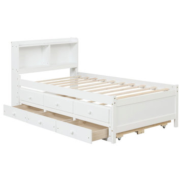 Full/Twin Wood Frame Platform Bed with Trundle and Drawers, White, Twin