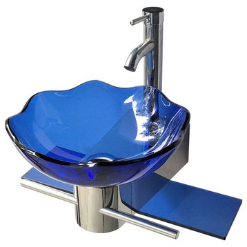 Blue Glass Bathroom Wall Mount Sink Lotus Design with Chrome Faucet & Towel Bar