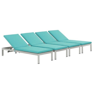 Modway Shore outdoor Patio Aluminum Chaises With Cushions, Set of 4, Silver/Turq