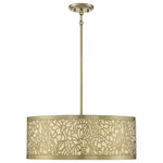 Savoy House - New Haven 4-Light New Burnished Brass Pendant - The organic appeal of New Haven's abstract design allows it to complement a variety of environments. The laser-cut metal pattern in a Burnished Brass finish contrasts nicely with the pale cream inner shade. Measuring 22" wide x 83/4" high, this four-light pendant provides ample illumination from four 60-watt candelabra bulbs. Adding to the versatility is the adjustable hanging height from 83/4 to 63 inches.