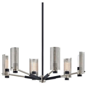 Pilsen 6 Light Chandelier, Carb Black With Satin Nickel Accents, Plated Brass