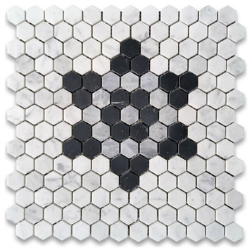 Carrara White Marble 1 inch Hexagon Hexastar Mosaic Tile Black Gray, 1 sheet