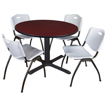 Cain 48 Round Breakroom Table- Mahogany & 4 'M' Stack Chairs- Grey
