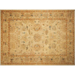 Bareens Designer Rugs - Boho Chic Ziegler Jenni Tan Rust Hand-Knotted Wool Rug - 12'8'' x 17'7'' - Enhance the ambiance of your home with this magnificent Persian-influenced Turkish hand-knotted rug made by skilled artisans capable of creating the most exceptional vegetable dyes and hand-spun wool. This exquisite handmade rug is a one-of-a-kind Peshawar Kafkaz, otherwise identified as Chobi, Chobi Peshawar, Oushak, or Ziegler rug. These handmade rugs are crafted in Pakistan utilizing superior-quality wool imported from Australia, New Zealand, and Korea in two types of weaves: the Persian weave and the Mori weave. This rug is meticulously crafted by hand using the finest natural vegetable dyes extracted from local plants. The artisans use a blend of hand-spun local and fine merino wool, resulting in a rug with a compelling texture, higher lanolin content, and longer staple. The artisans occasionally incorporate natural or artificial silk into the pile to enhance specific motifs. The finished product is an awe-inspiring execution of flawless design and an understated palette that exudes elegance.