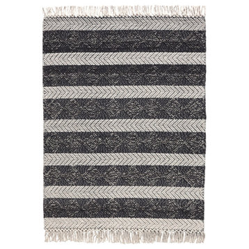 Handmade Black & White High/Low Diamond Striped Wool Tassled Rug by Tufty Home, Beige / Charcoal, 4x4 Square