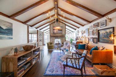 Living room - modern open concept dark wood floor living room idea in Atlanta with white walls, a two-sided fireplace, a stone fireplace and no tv
