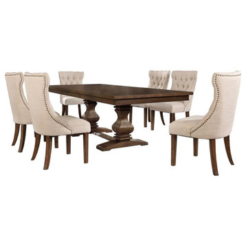 Maklaine Walnut Wood Dining Set with Extendable Table & Beige Linen Chairs